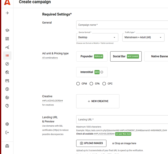 Create campaigns with Adsterra
